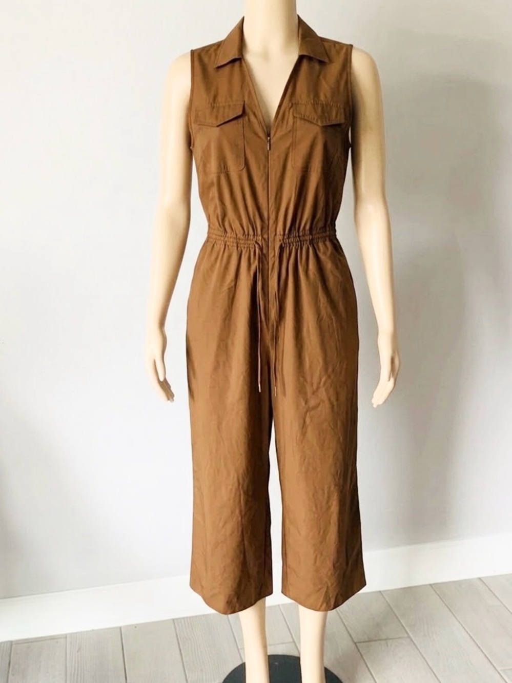 Calvin Klein Womens Jumpsuit Brown Size 14 Sleeveless V-Neck Drawstring Wide Leg